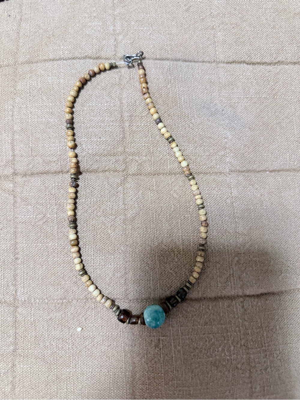 Beaded Natural Tone Necklace with Turquoise Accent - unisex Jewelry